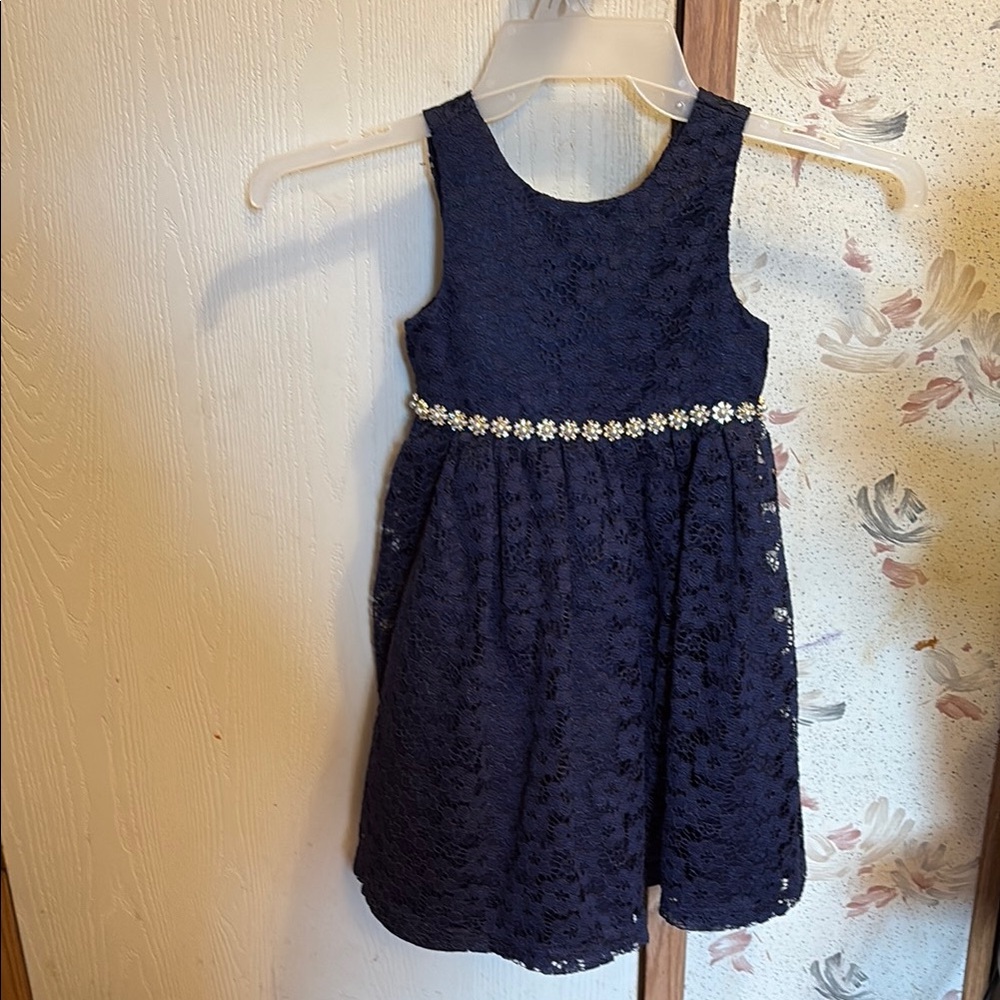 Navy Blue Lace Kids Dress with Floral Belt